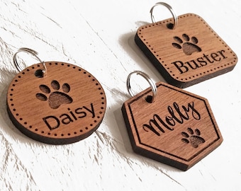 Pet Tags Dog ID Tag - Custom Engraved Personalised Pet Tag Cat ID Tag - Gift For Animal Lovers - Walnut Wood Pet Tags - Gifts For Pet Owners
