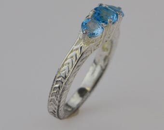 Sterling Silver 925 Estate Carved Tri/three Aquamarine Gemstones Ring Size 10(01566)