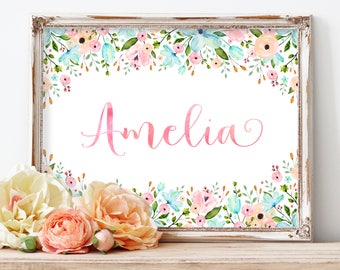 Floral Nursery Art. Pink and Mint Nursery Art. Peach and Mint Nursery. Personalized Baby Gift. Personalized Nursery Print. Floral Nursery.