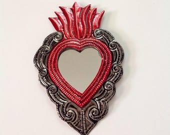 Tin Heart Plaque with mirror Handmade Mexican Tin Wall Ornament Mexican Folk Art Recycled Art Hammered Aged Look