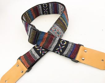 NuovoDesign "XO" bohemian style fabric guitar strap with leather ends. Free tie lace & end pin