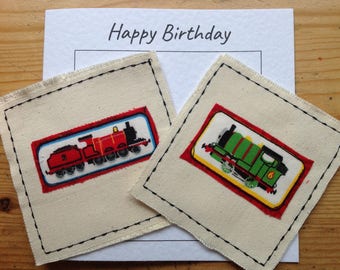 Thomas the Tank train card. Percy birthday card. James birthday card for boy. Sewn card. Your words can be printe at the top of the card.