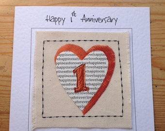 1st wedding anniversary card. First Paper anniversary card. 1st Anniversary card for husband or wife, son or daughter. Sewn card