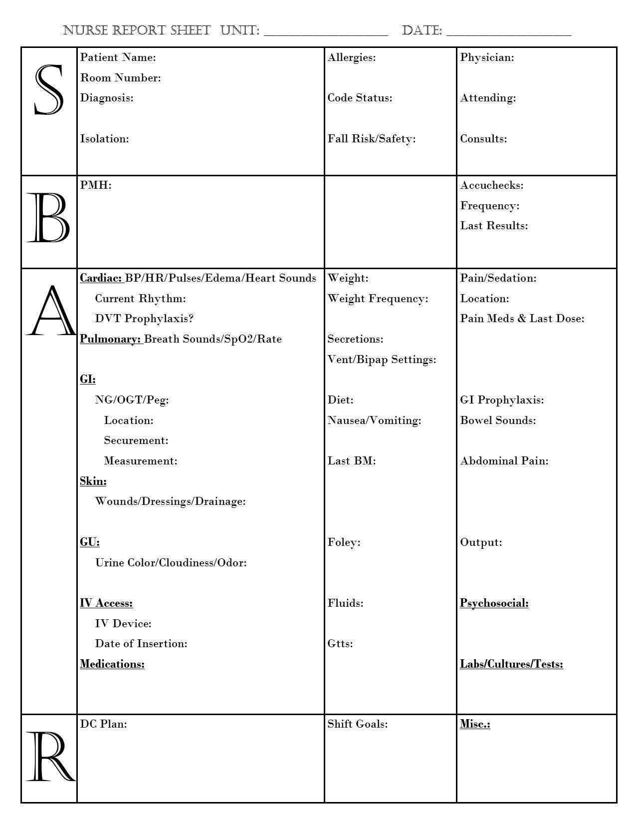 Sbar template free printable For Nurse Report Sheet Templates