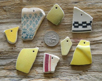 8 Drilled sea pottery shard pieces for jewellery crafts