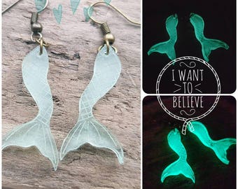 Mermaid tail earrings. Magical glow mermaid tail earrings. Mermaid jewellery glow in the dark jewellery. Magical mermaid scales Fluorescent