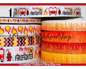 USDR 7/8 Glitter foil FIREMAN Red truck engine chevron on white red orange yellow Grosgrain ribbon hair bows boys girls support fire flames