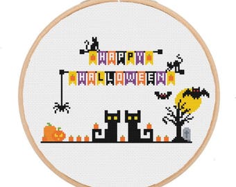 Happy Halloween cross stitch patterns Halloween Happy Halloween Wall Decor Halloween DIY Halloween craft cross stitch halloween cat