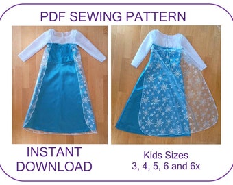 Frozen Elsa costume pattern. 5 sizes for 3-6.5 years. Instant download Elsa princess Ice dress pattern. Computer drafted PDF sewing pattern