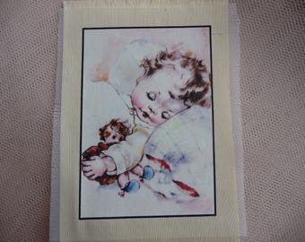 Retro transfer: Illustration adorable retro baby transferred onto cotton fabric fine pale yellow color