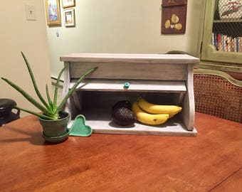 Roll-top Bread Box. White wash with turquoise knob
