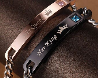 Couple's His Queen Her King His and Hers Bracelets Cute Relationship Goals Crown Charm (2pcs)