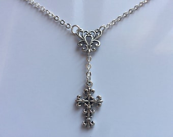 Choker Style Y Necklace With Fleur De Lis Cross