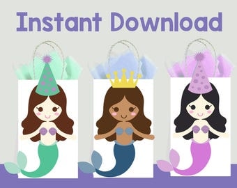 Mermaid DIY Favor Bag Template, Mermaid Party Bags Printable, Mermaid DIY Gift Bag, Mermaid Birthday Printable