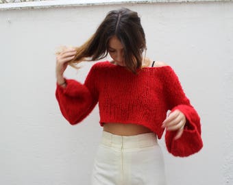 90s Red Wool Knit Bell Sleeve Cropped Jumper