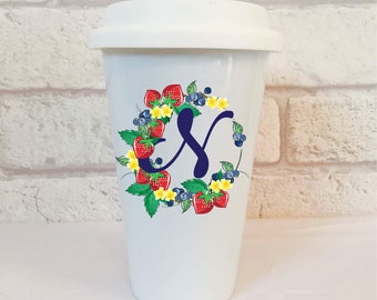 Thermal Mug With Letter N, Travel Mug, Transportable Coffee Cup, Ceramic Travel Mug, All Initials Available, Strawberry Gifts, Fruit Gifts.
