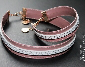 Handmade 15 mm dusty pink with white PU leather choker necklace and bracelet jewelry set