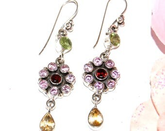 Amethyst, peridot, citrine - marked 925 Sterling Silver earrings