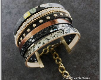 Khaki leather Cuff Bracelet, MULTISTRAND.