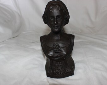 French Cast Iron Boot Scraper Woman's Bust inscription reads Roses de Mai
