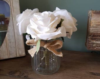 White Roses in Small Glass Jar Display with Hessian Detail Artificial Flowers