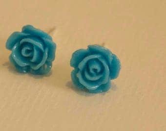 Blue rose silver plated stud earrings