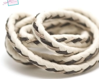 1 m cord braided leather and rope 10 x 7 mm, off-white/black gold