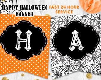 Halloween banner Happy Halloween banner bunting Orange black banner Spider web banner