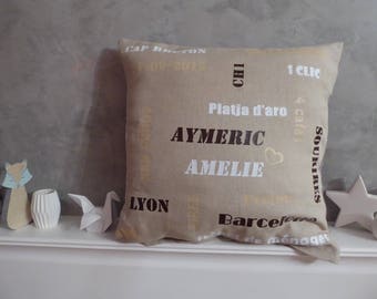 Pillow cover personalized with names, words to your liking and fabrics to choose