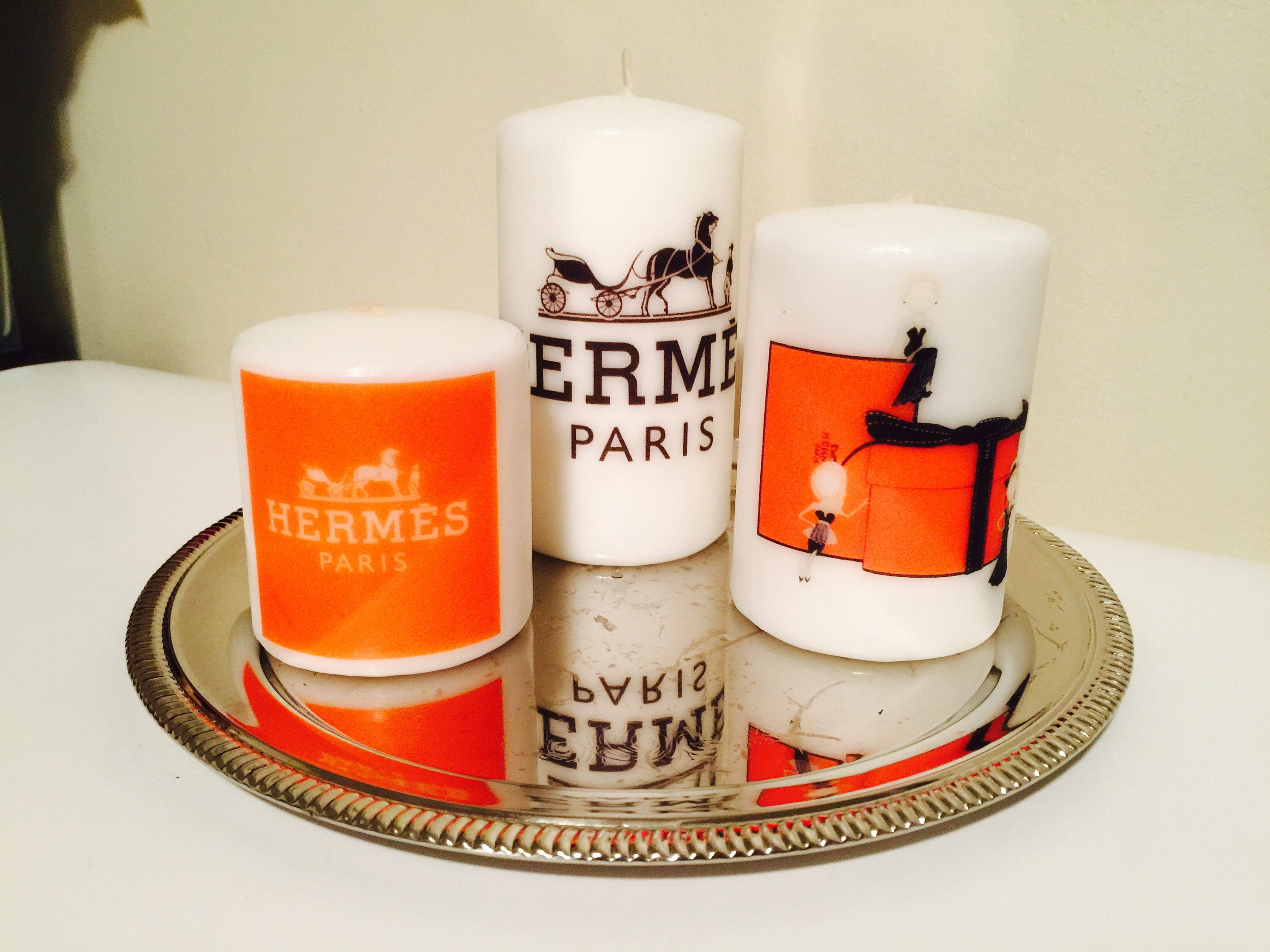 Hermes inspired candles and silver tray Hermes home decor