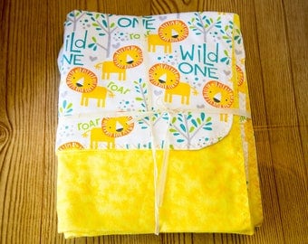 crib sheet double sided receiving blanket yellow lion bright happy wild one