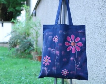 Tote bag unique, peint à la main, sac coton, sac cabas, sac shopping, sac de toile, sac de plage, sac à main, fleurs