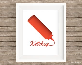 Ketchup Digital Art Print / Red Ketchup Bottle Wall Art / P0001