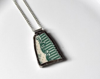 Broken China Jewelry Pendant - Green and White