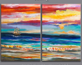 Beach art abstract painting cobalt Blue sky turquoise Sea white wave Landscape Painting by Tim Lam 48x36