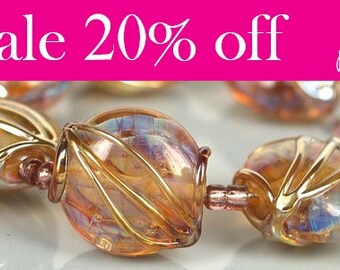 Golden 21mm button lampwork glass beads,lampwork glass beads,lampwork beads SRA set of 6 made by pearly karpel MTO