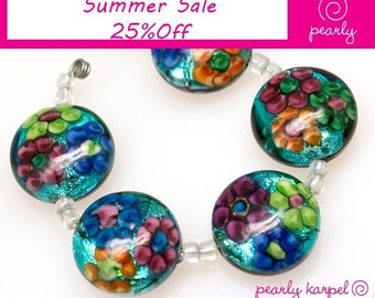 Pearly (5) metallic button lampwork beads with colorful flowers SRA Made to order