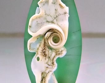 Etched Green Silvered Ivory Organic Lampwork Focal Bead