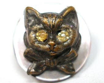 Antique CAT Button, Victorian Feline with rhinestone eyes, 2/3".