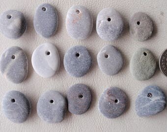 Genuine English small 15 BEACH PEBBLES, with drilled holes for jewellery