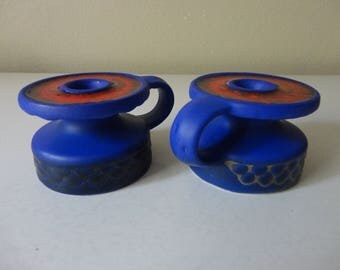 VINTAGE pair of ceramic taper CANDLE HOLDERS - signed "Keramik Keruska handarbeit "Azur" Germany 301"