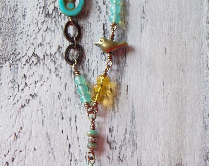 Bird Czech Beaded Layering Necklace Dainty Jewelry Turquoise Necklace Shabby Chic Jewelry Layer Boho Bohemian Gold Delicate Simple Necklace