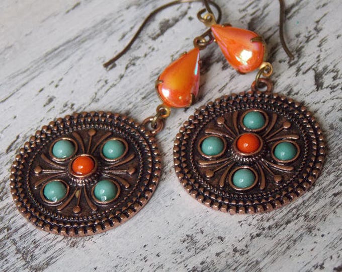 Turquoise and Orange Western Drop Earrings Southwestern Dangle Long Vintage Teardrop Earrings
