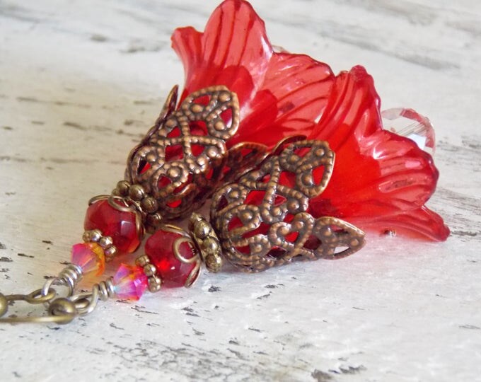 Dangle Flower Earrings Red Victorian Earrings Copper Brass Swarovski Crystal Fire Opal Mixed Earrings Holiday Jewelry Vintage Style Gift Dangle Flower Earrings Red Victorian Earrings Copper Brass Swarovski Crystal Fire Opal Mixed Earrings Holiday Jewelry Vintage Style Gift