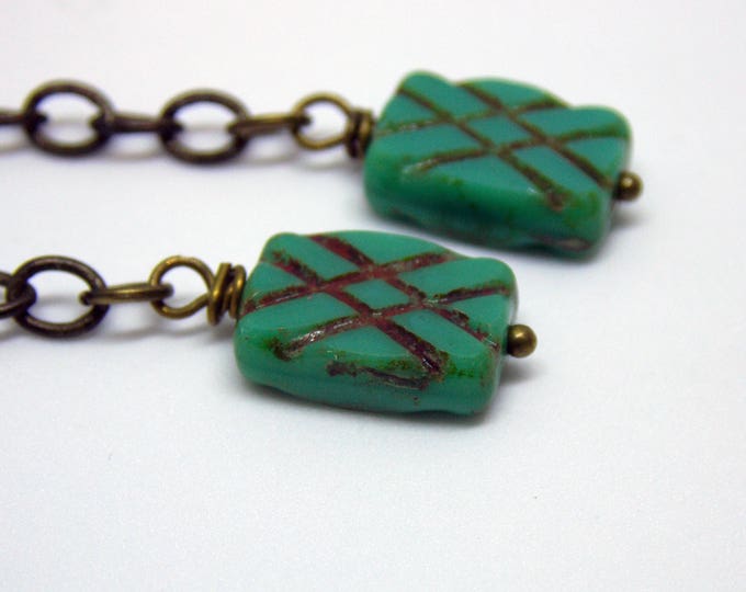 Green Czech Glass Earrings Retro Dangle Earrings Aqua Green Etched Glass Geometric Long Mod Earrings