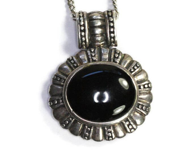 Sterling and Black Onyx Cabochon Pendant Necklace Vintage