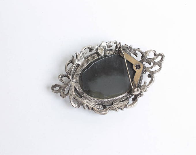 Molded Resin Cameo Brooch Off White and Black Fancy Silver Tone Frame Mid Century