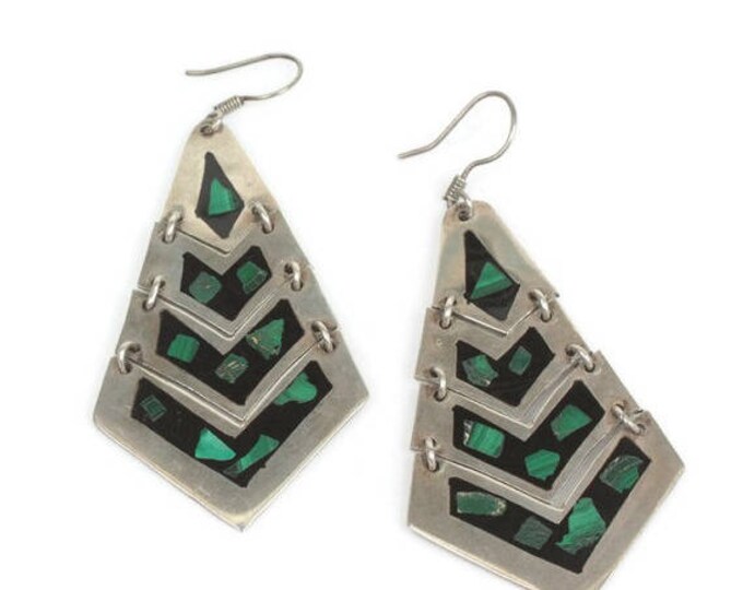 CIJ Sale Malachite and Black Inlay Earrings Sterling Articulated Dangle Taxco Mexico