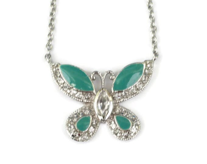 Green Enameled Butterfly Pendant Necklace Crystals Signed FAS Vintage