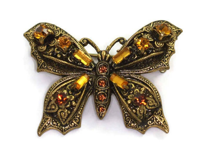 Topaz Rhinestone Butterfly Brooch Pin Vintage Insect Jewelry Germany